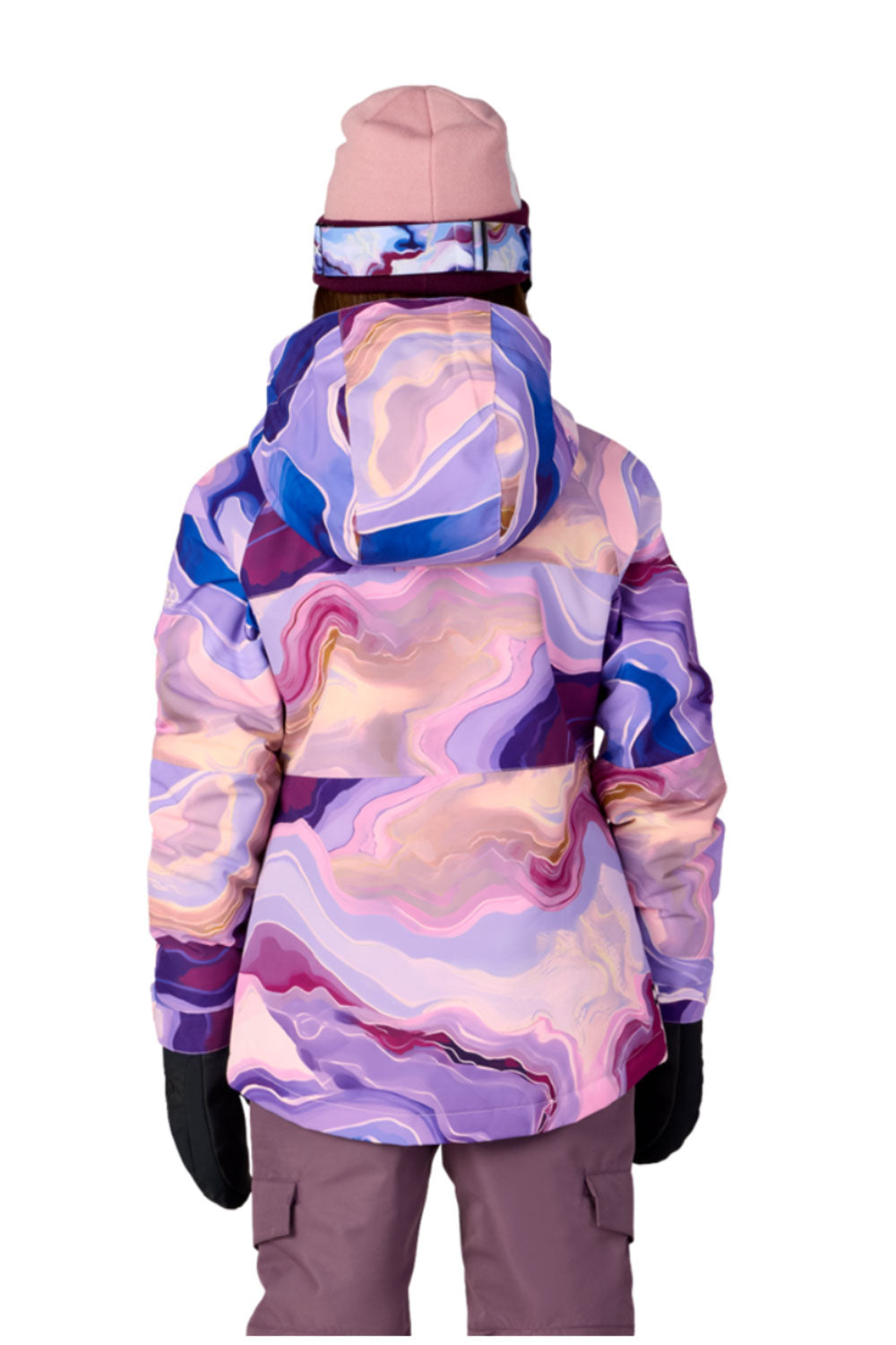 Person wearing a colorful jacket with a white background