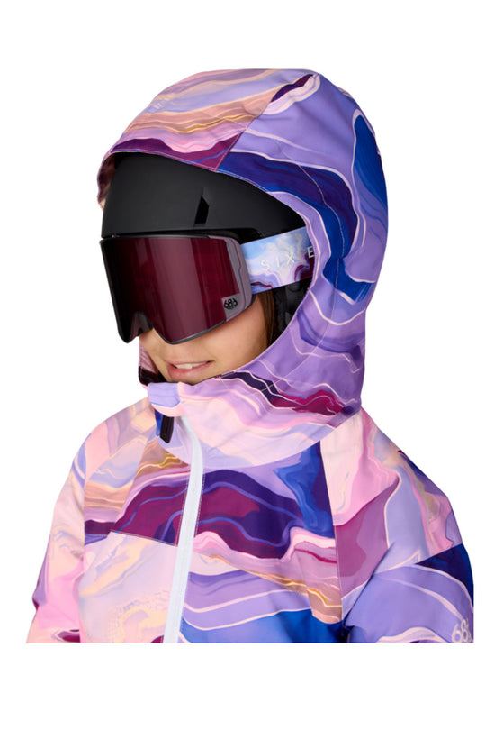 Person wearing a colorful hooded jacket and helmet on a white background