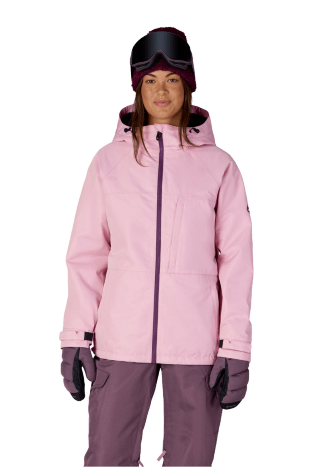 Person wearing a pink snow jacket, purple pants, and goggles on a white background