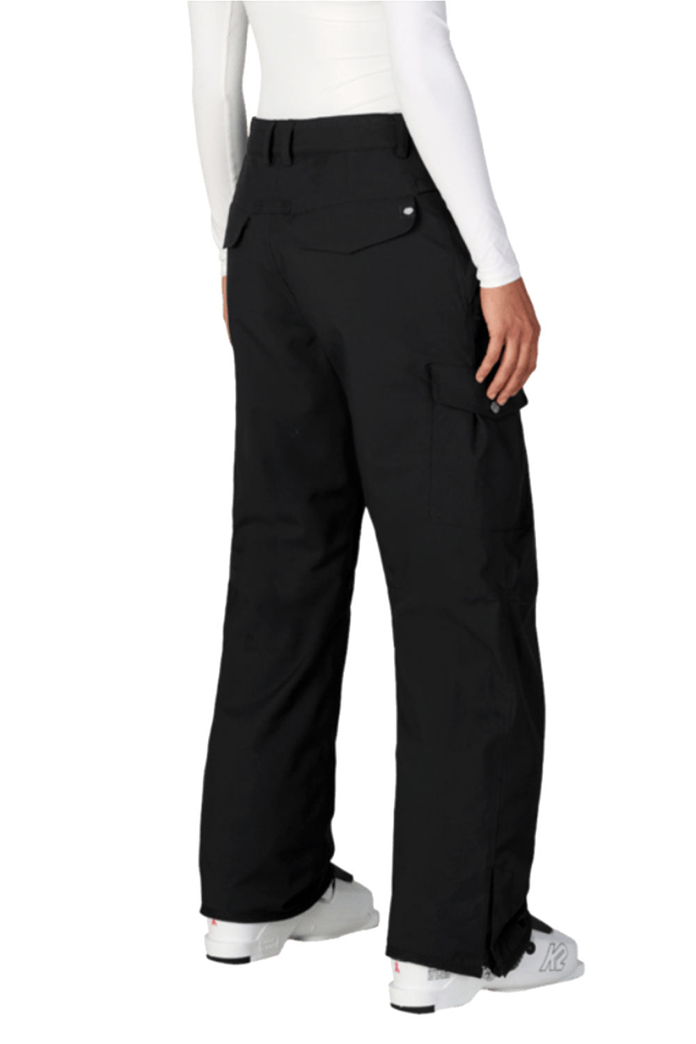 Black cargo pants worn by a person on a white background