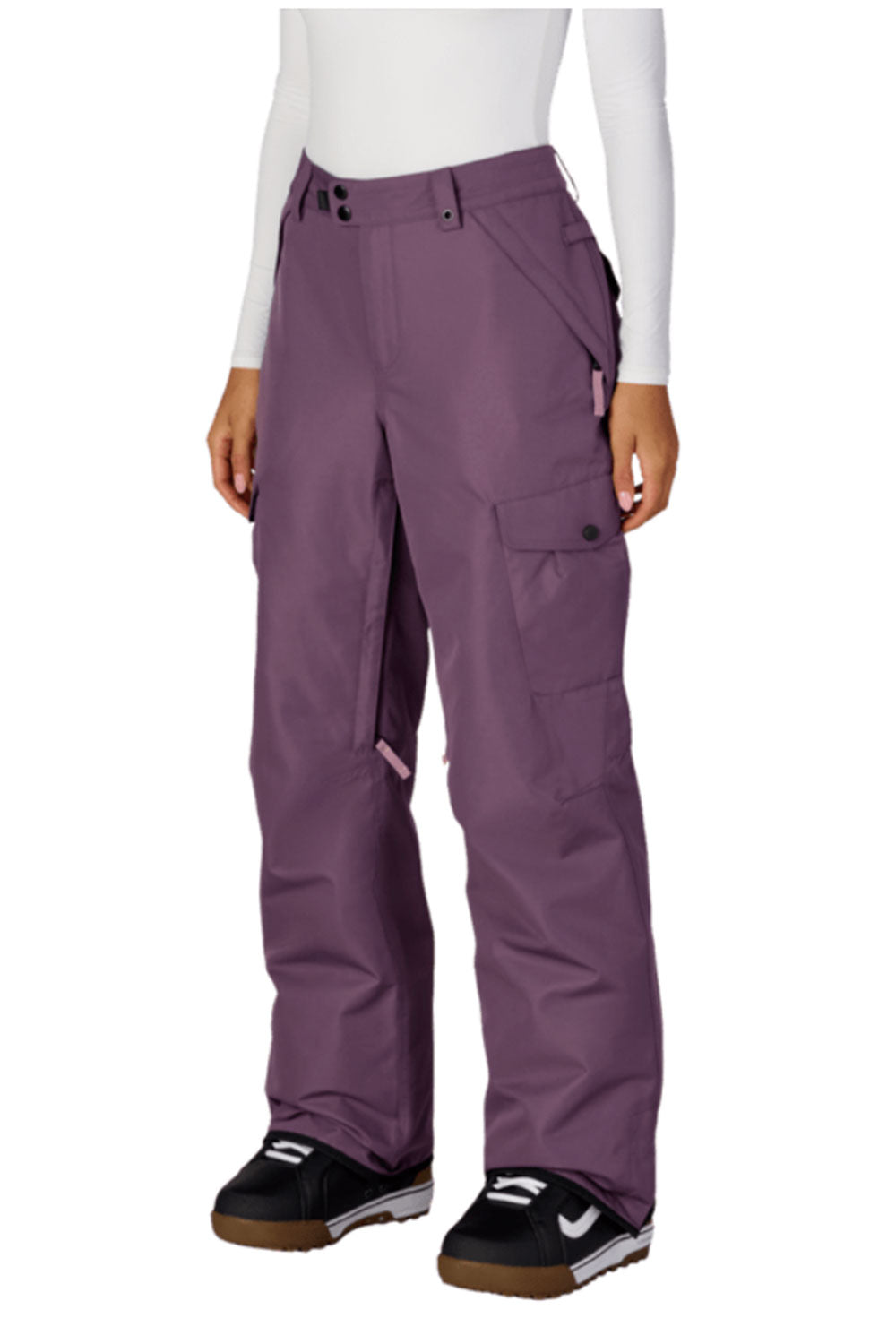 Purple snow pants worn by a person on a white background