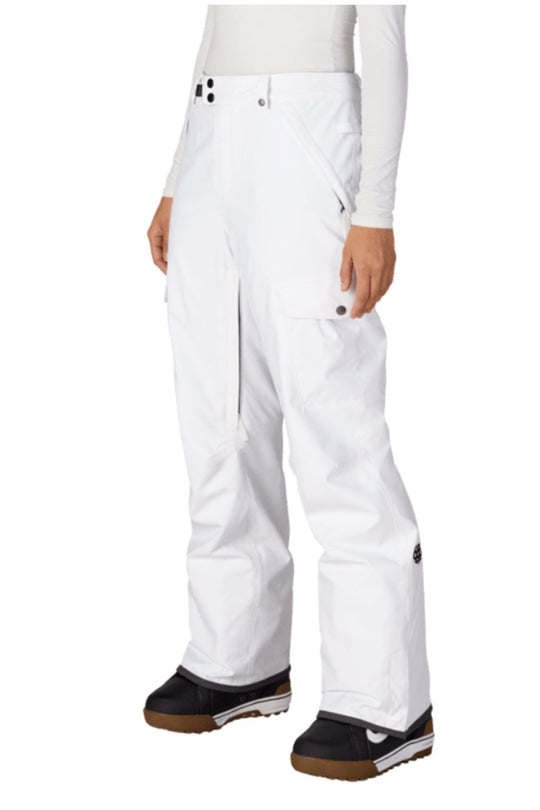 White snow pants worn by a person on a white background