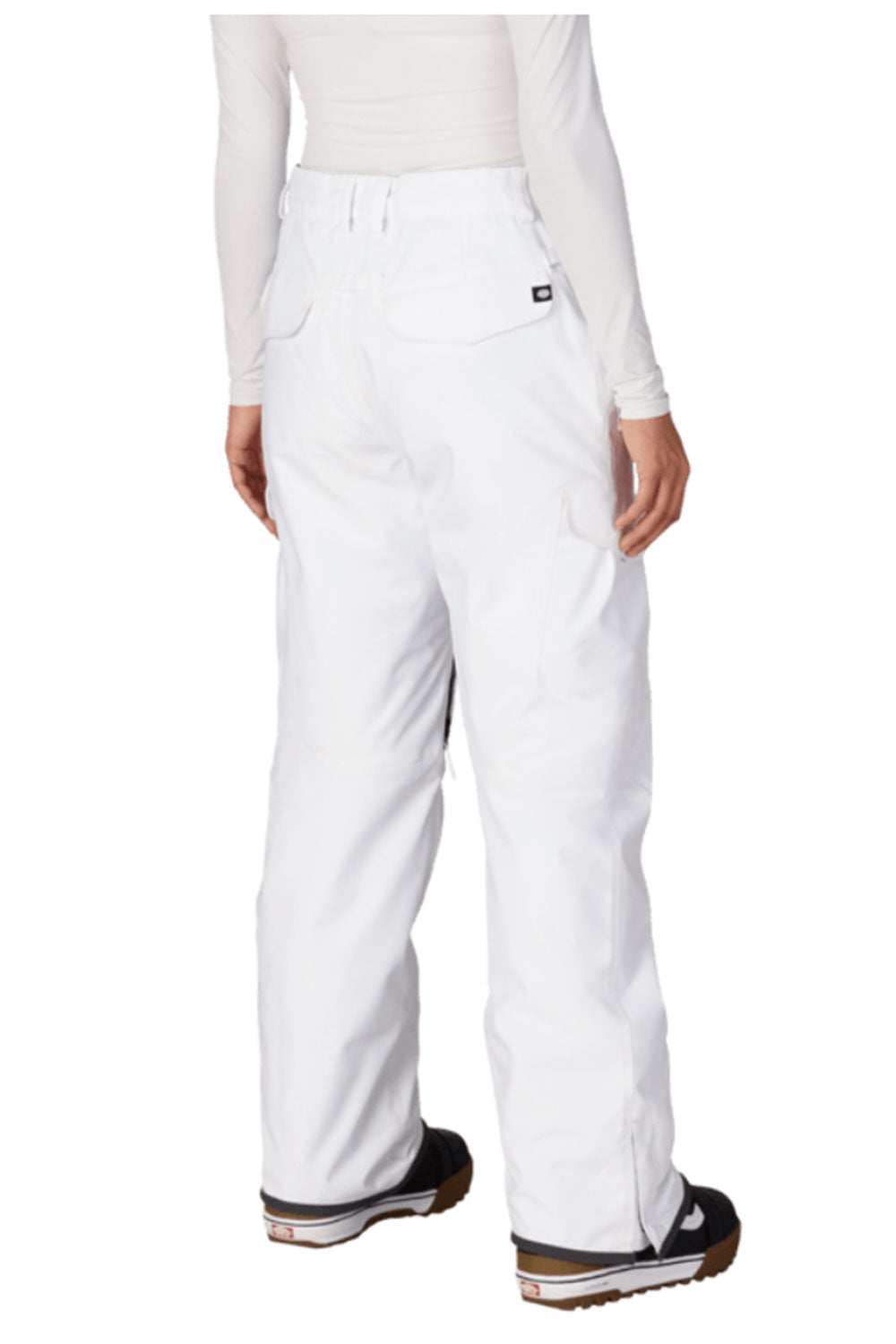 White snow pants worn by a person on a white background