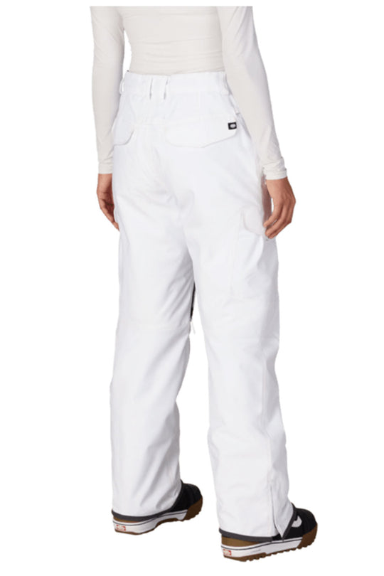 White snow pants worn by a person on a white background