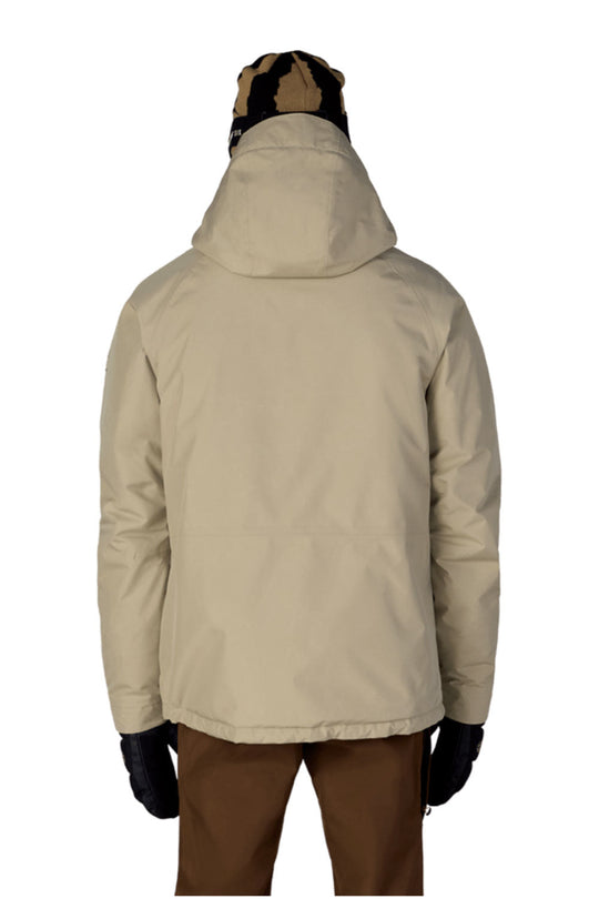 Beige winter jacket with a hood on a white background