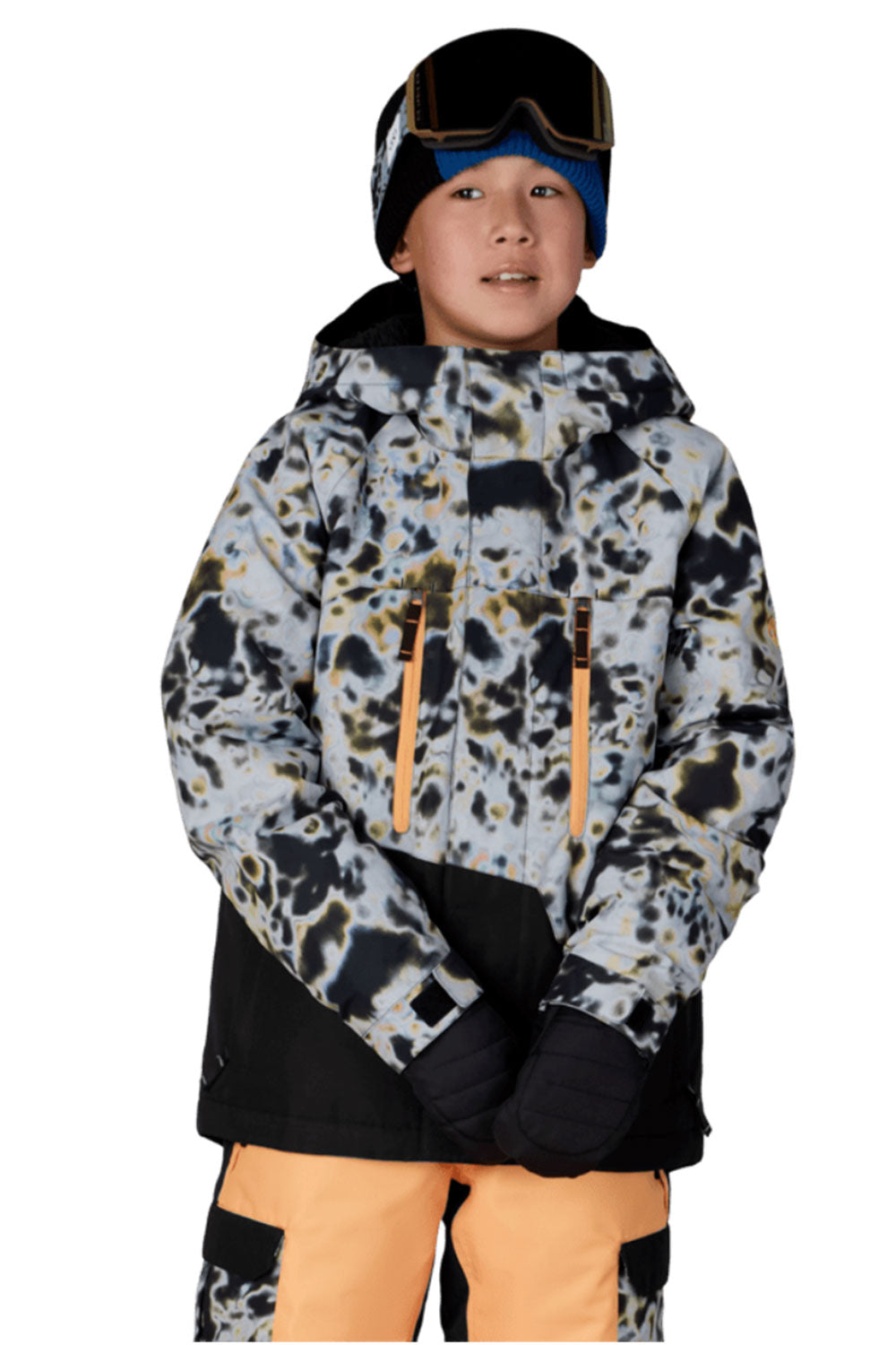 Child wearing a patterned jacket and goggles on a white background