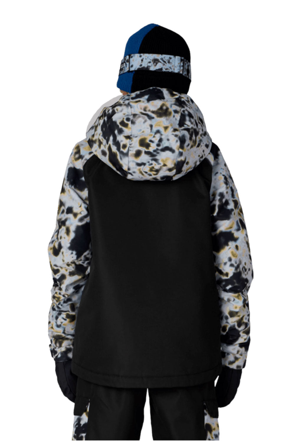 Black jacket with floral pattern on sleeves and hood, worn by a person, on a white background