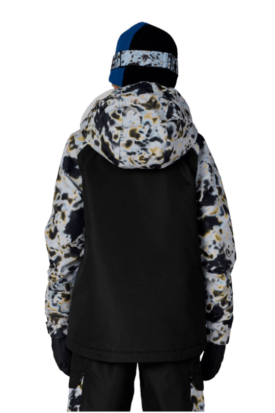 Black jacket with floral pattern on sleeves and hood, worn by a person, on a white background