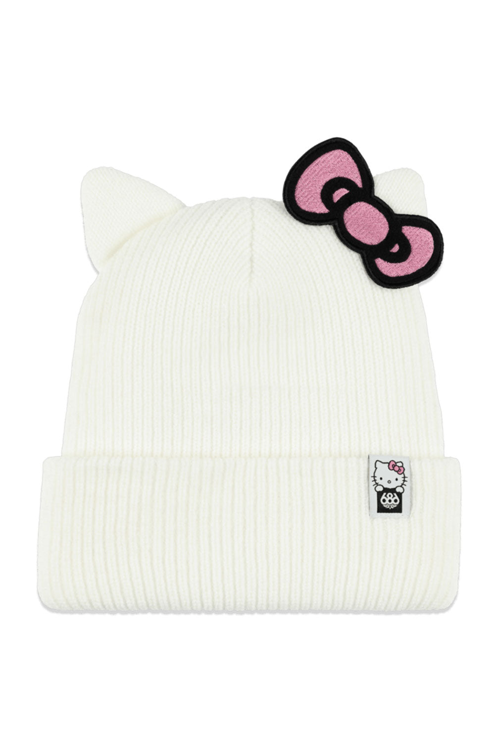 White beanie with cat ears and Hello Kitty logo on a white background