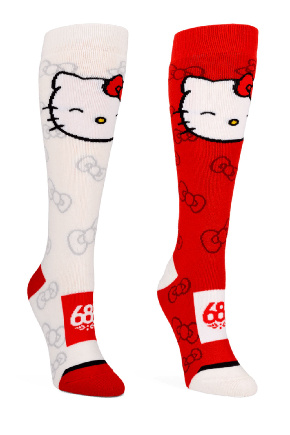 Two pairs of knee-high socks, one white with black and red accents and the other red with white and black accents, featuring a cartoon character and the number 68.