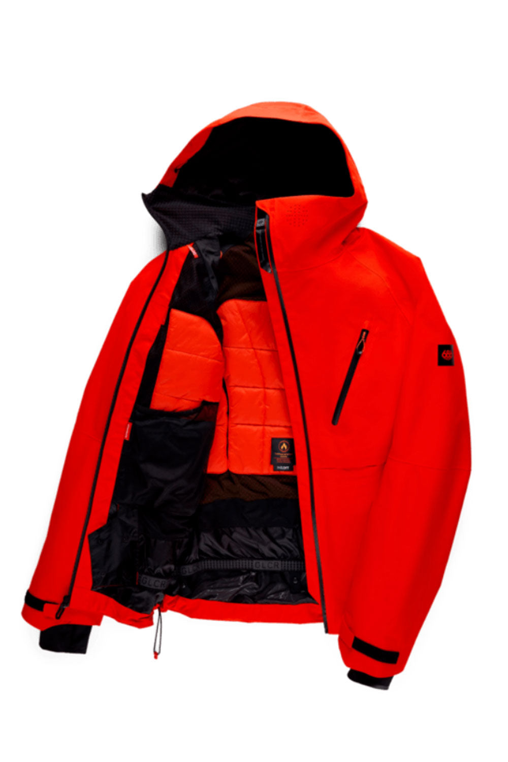 Red jacket with black interior on a white background