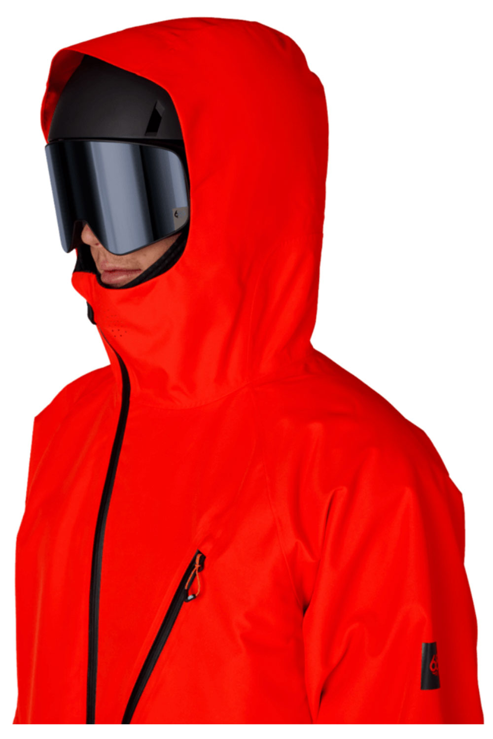 Person wearing a bright red hooded jacket and black helmet on a white background