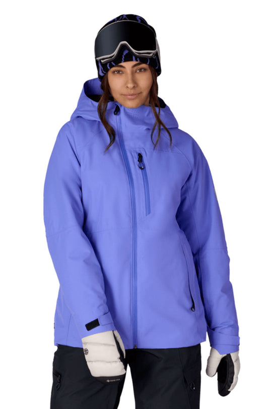 Person wearing a purple ski jacket, black pants, and a helmet on a white background