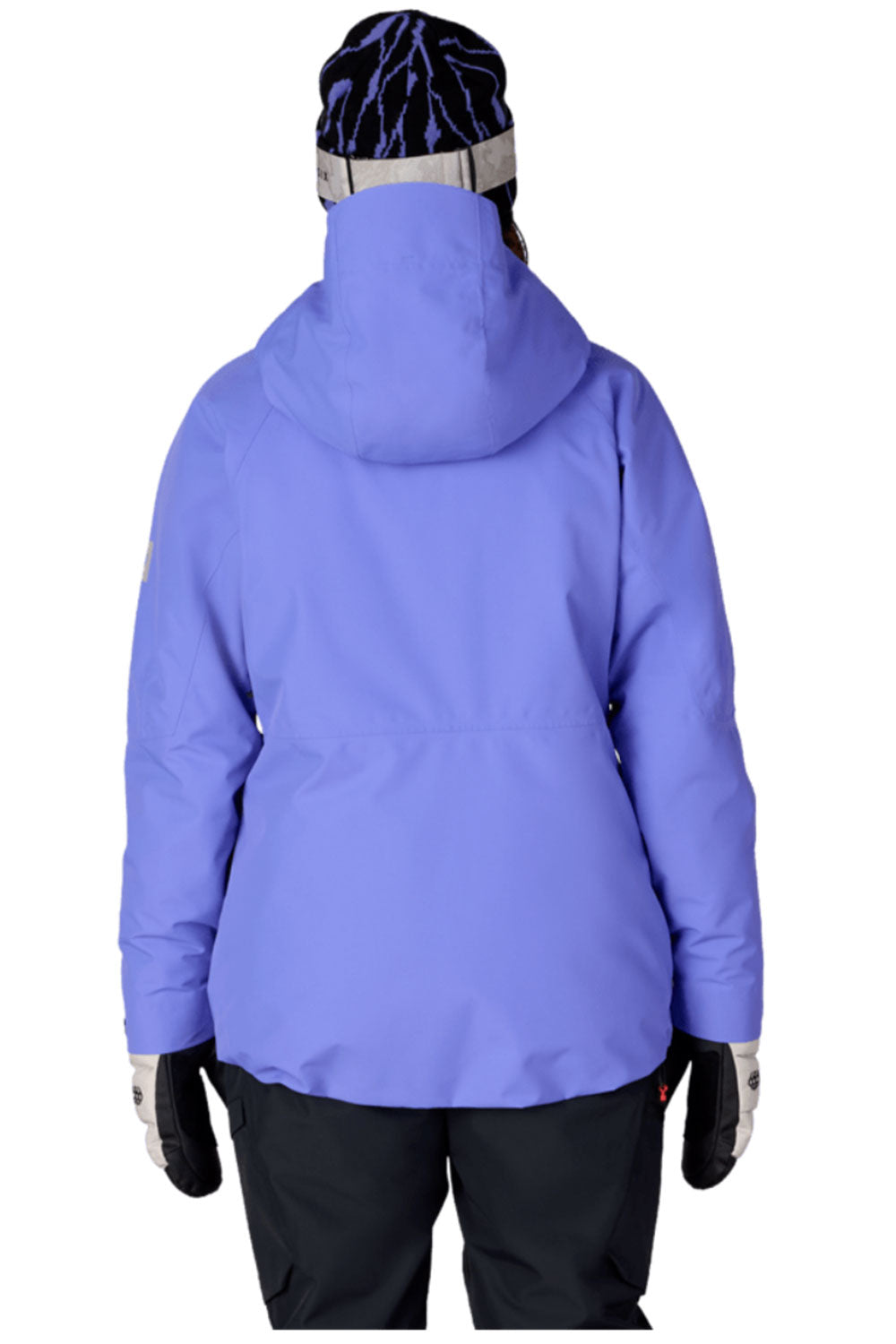 Purple winter jacket worn by a person on a white background
