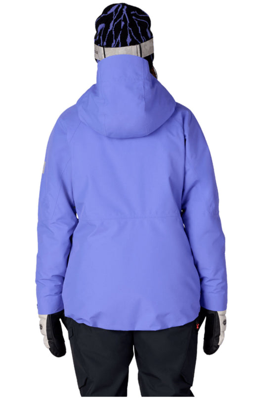 Purple winter jacket worn by a person on a white background