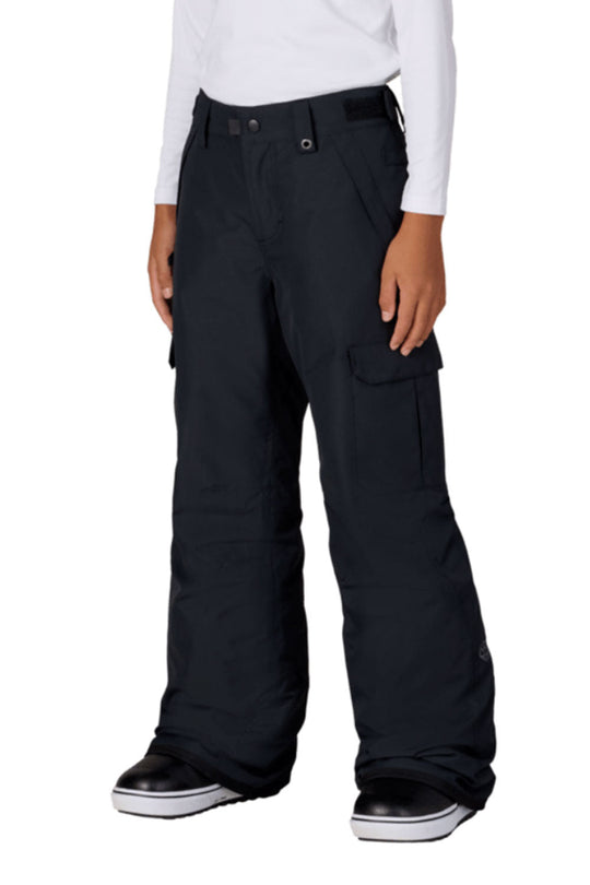 Black snow pants worn by a person on a white background