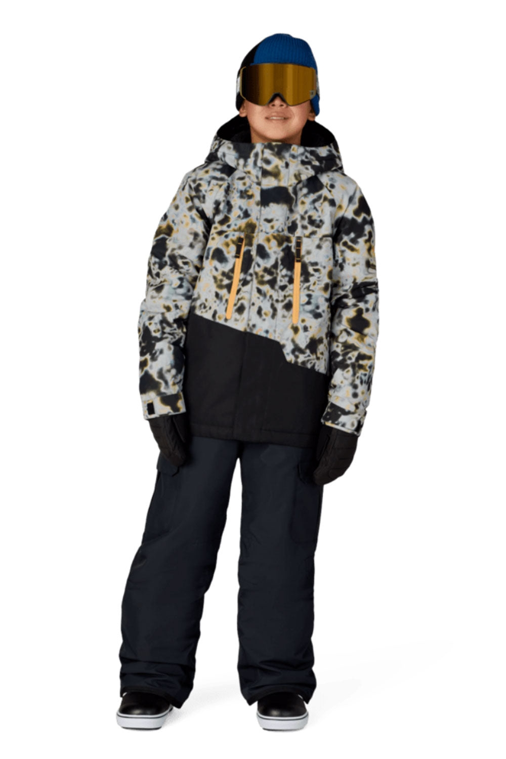 Person wearing a patterned jacket and black pants on a white background