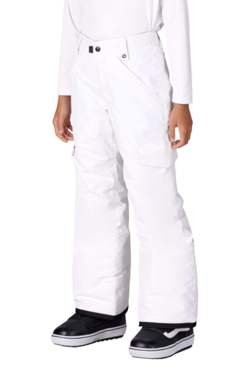 White snow pants worn by a person on a white background