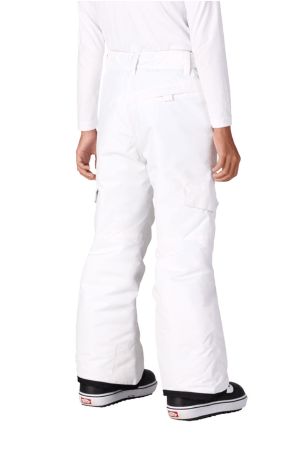 White snow pants worn by a person on a white background