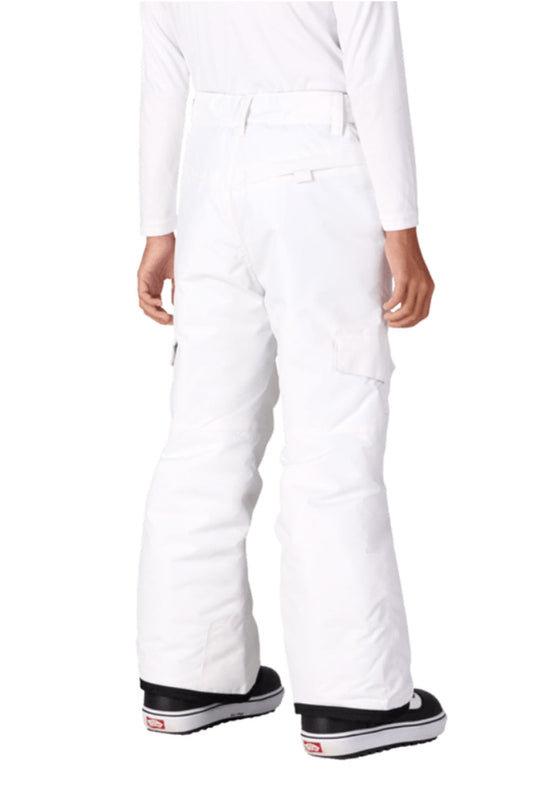 White snow pants worn by a person on a white background