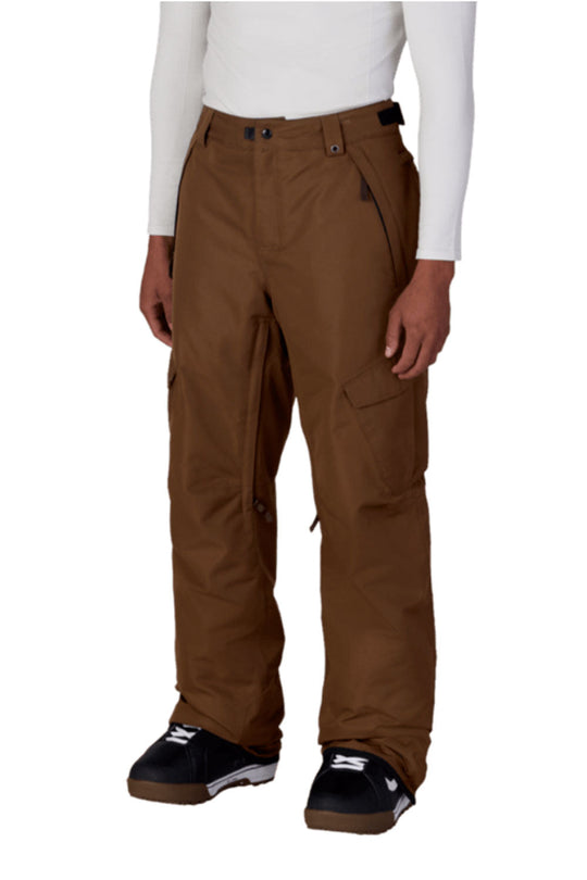 Brown cargo pants worn by a person on a white background