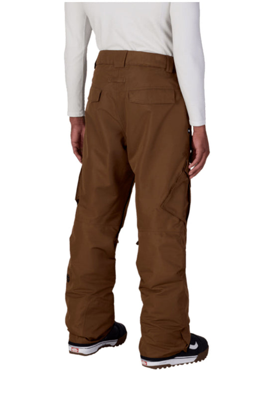 Brown snow pants worn by a person on a white background