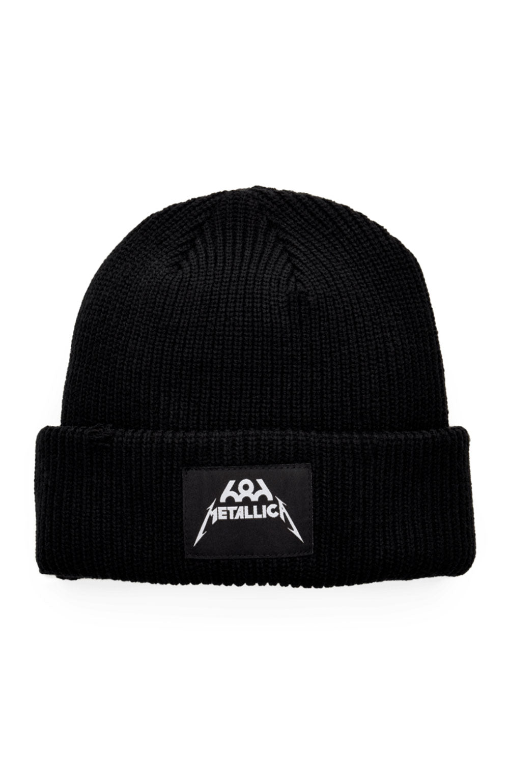 Black beanie with a logo patch on a white background