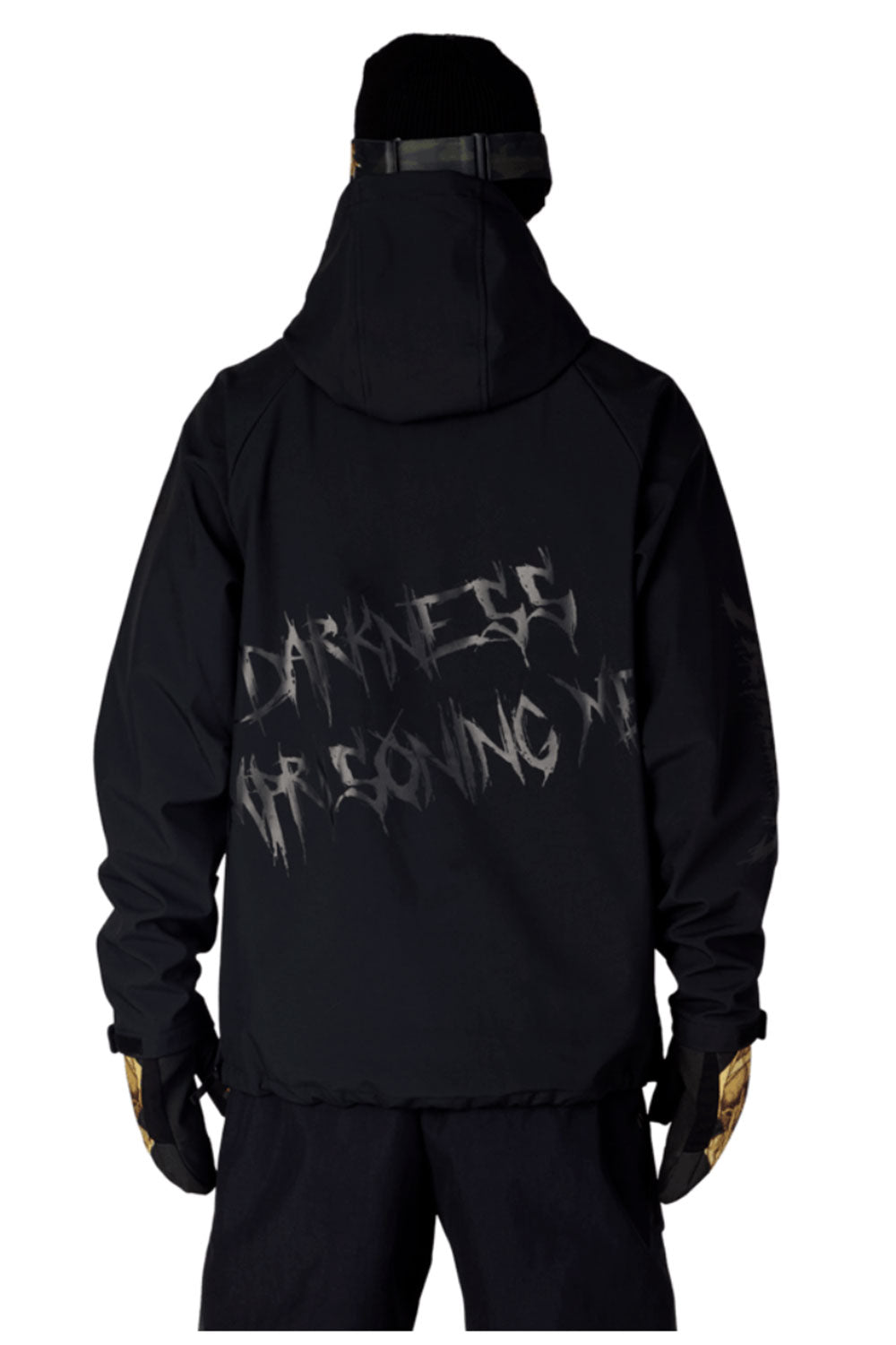 Black hoodie with text design on the back, worn by a person against a white background
