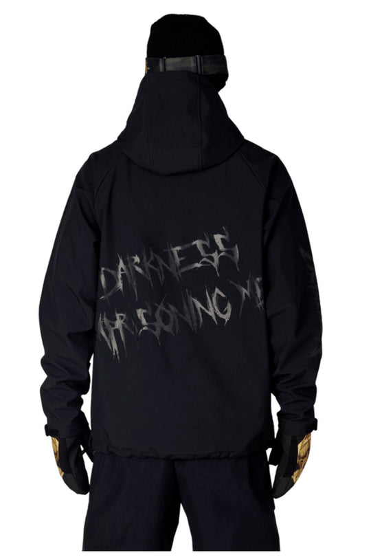 Black hoodie with text design on the back, worn by a person against a white background