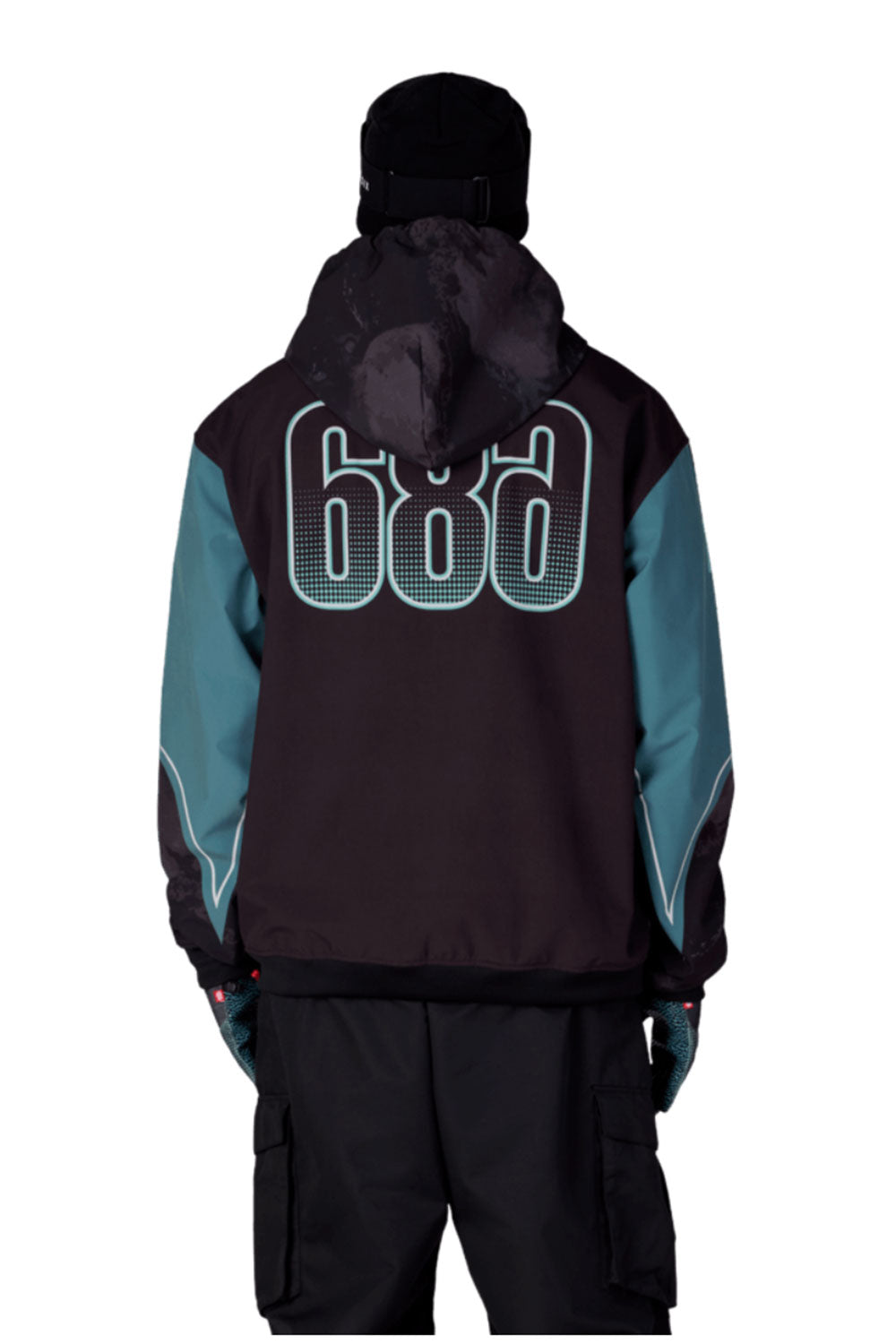 Black and teal jacket with '686' branding on a white background