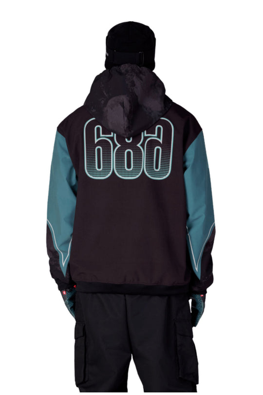Black and teal jacket with '686' branding on a white background