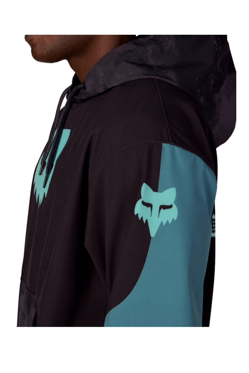 Black and teal jacket with a logo on a white background