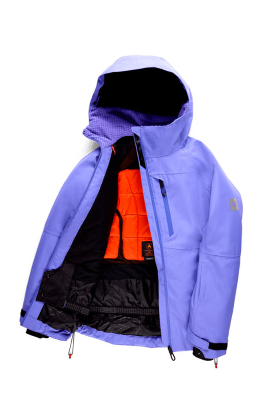 Purple jacket with a hood and orange lining on a white background