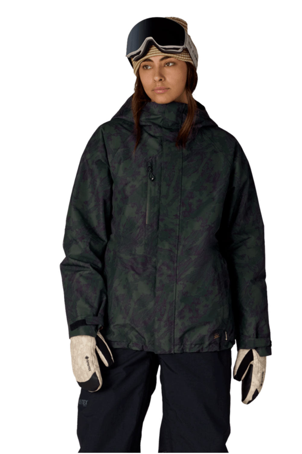 Person wearing a dark green camouflage snow jacket, black pants, and white gloves on a white background
