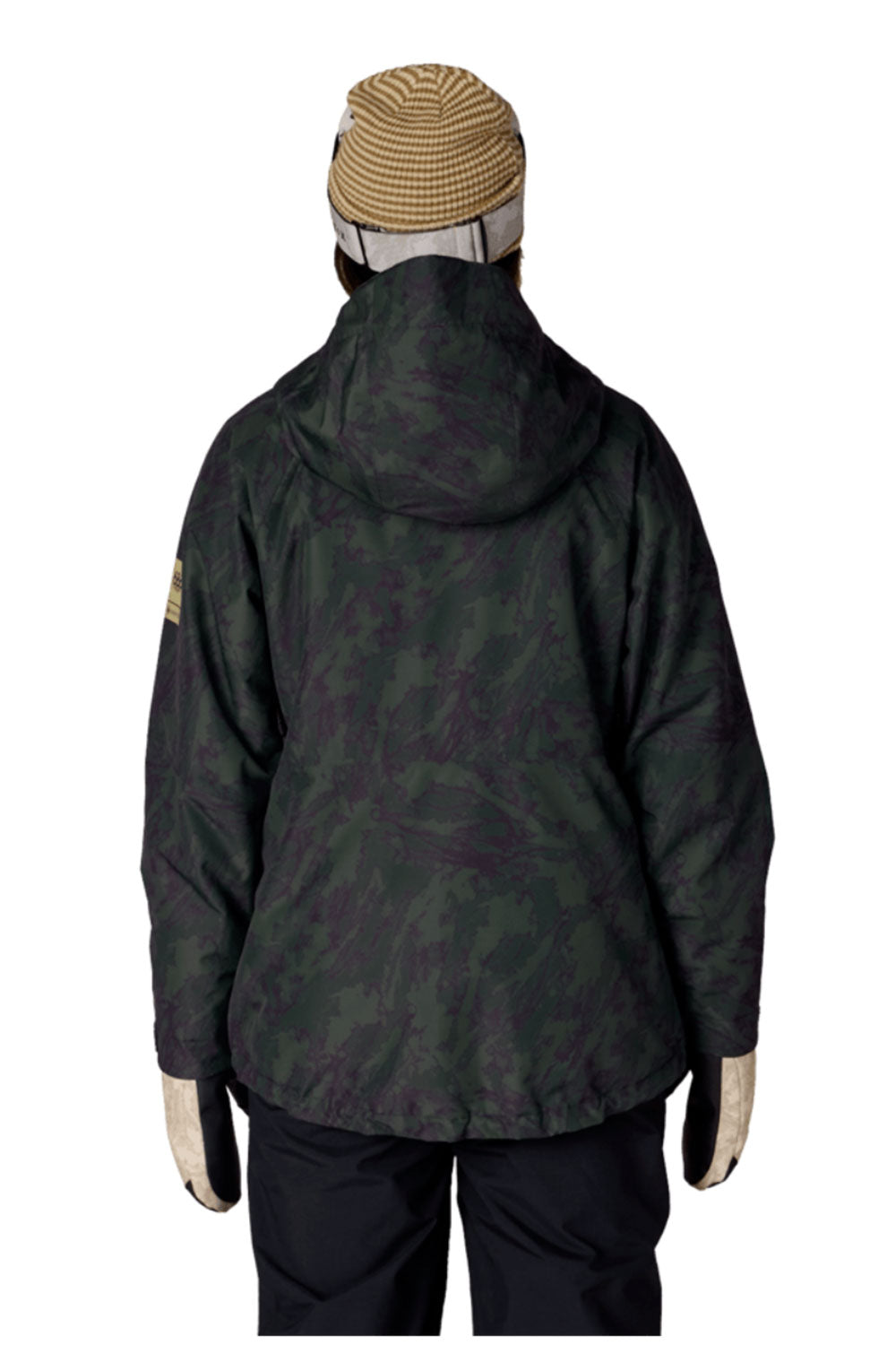 Person wearing a dark green camouflage jacket with a hood on a white background