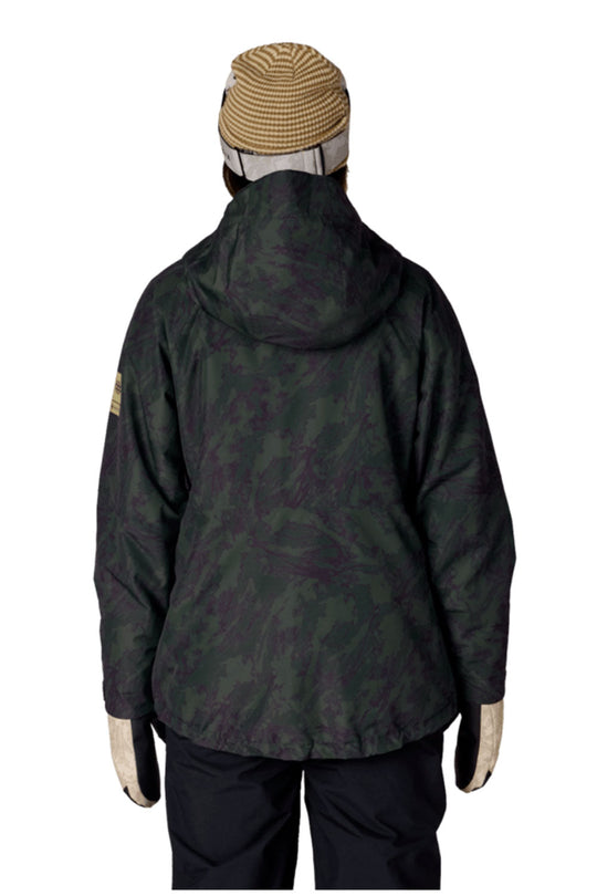 Person wearing a dark green camouflage jacket with a hood on a white background