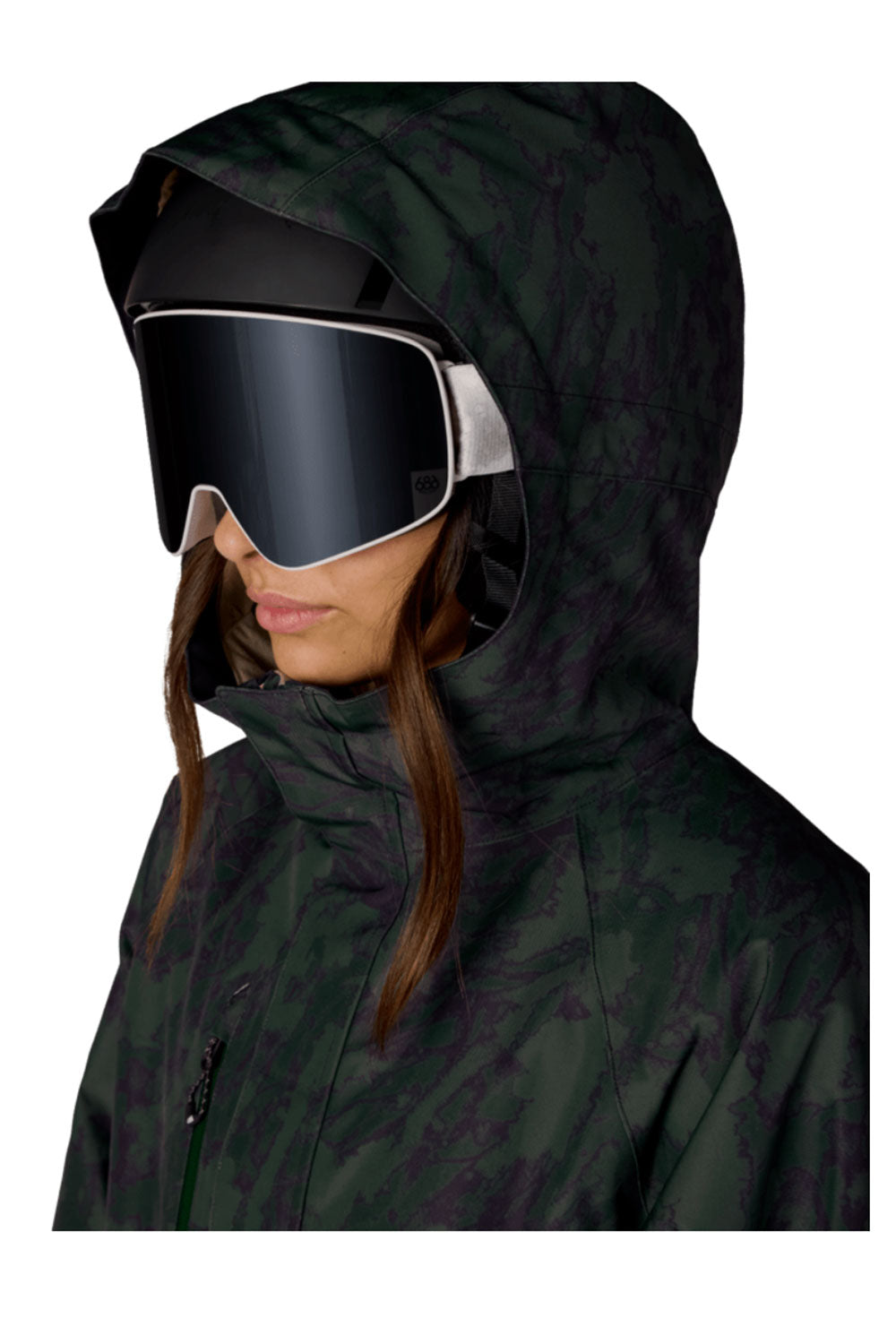 Person wearing a dark green raincoat with a hood and goggles on a white background