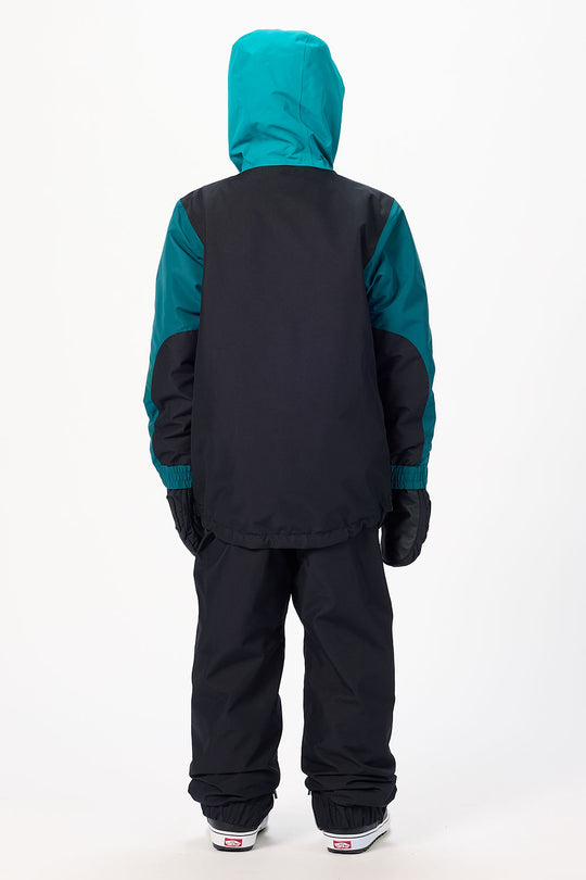 A child viewed from the back wearing a colorblock hooded snow jacket with a black body and teal sleeves and hood, paired with black snow pants and gloves, on a white studio background.