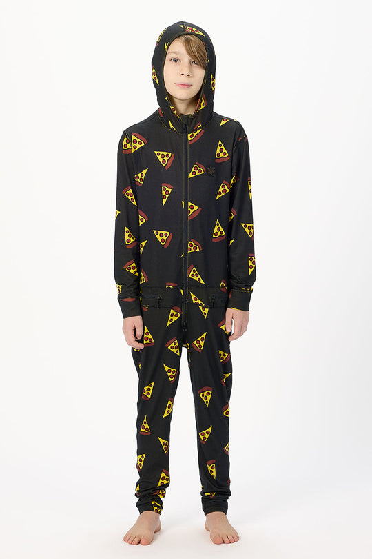 Child wearing a black onesie with pizza slice pattern on a white background