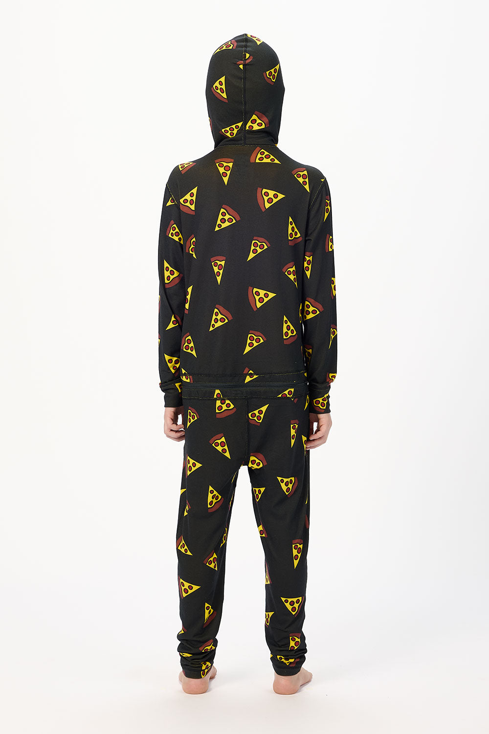 Black pajama set with pizza slice pattern on a white background