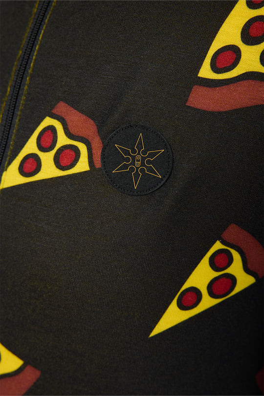 Black fabric with pizza slice patterns and a central emblem.