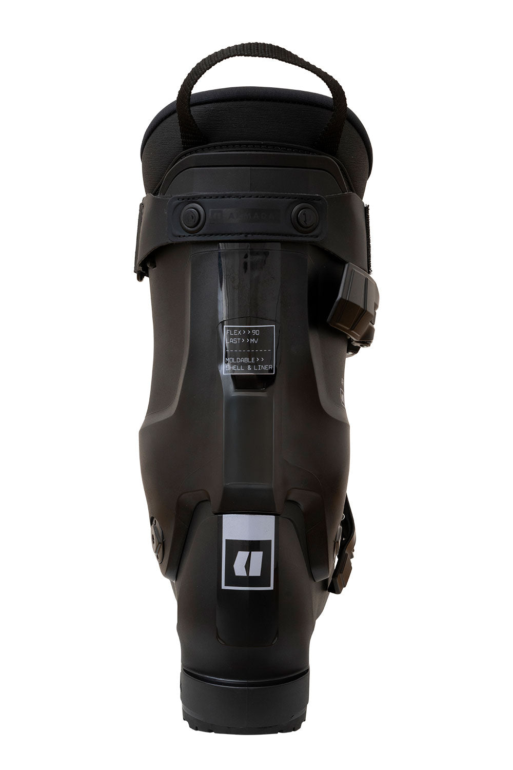 Black ski boot with a strap on a white background