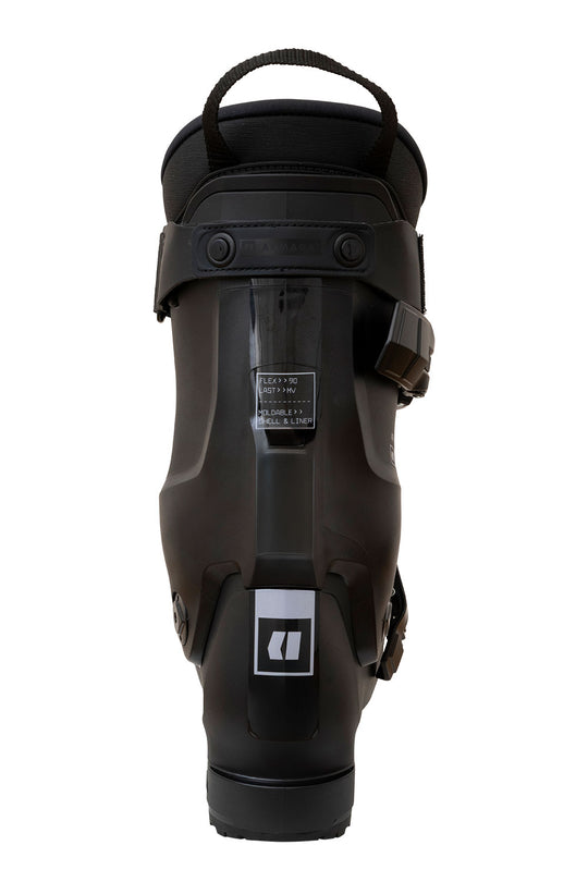 Black ski boot with a strap on a white background