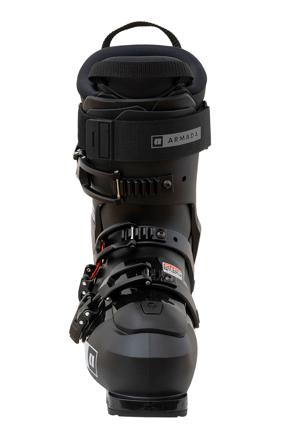 Black ski boot with visible brand logo on a white background