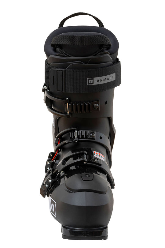 Black ski boot with visible brand logo on a white background