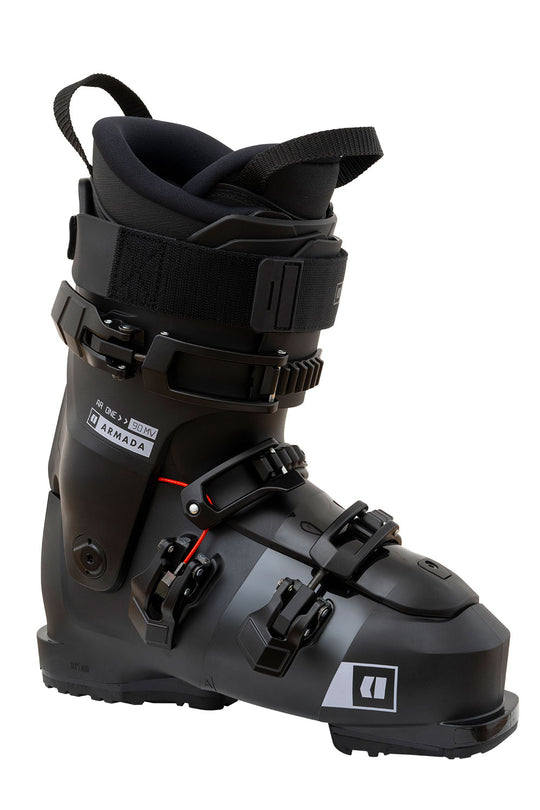Black ski boot with multiple straps on a white background
