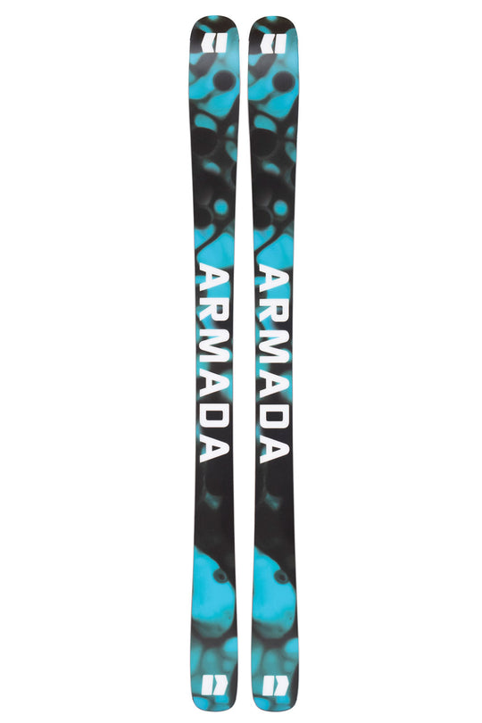 Pair of black and blue Armada skis on a white background