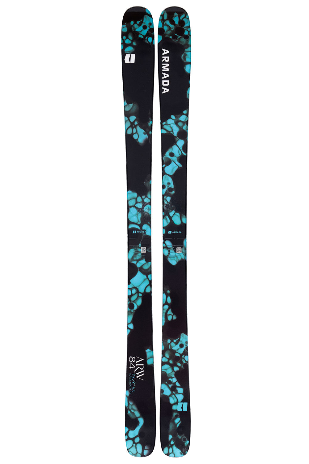 Pair of black and blue patterned skis with 'Armada' branding on a white background