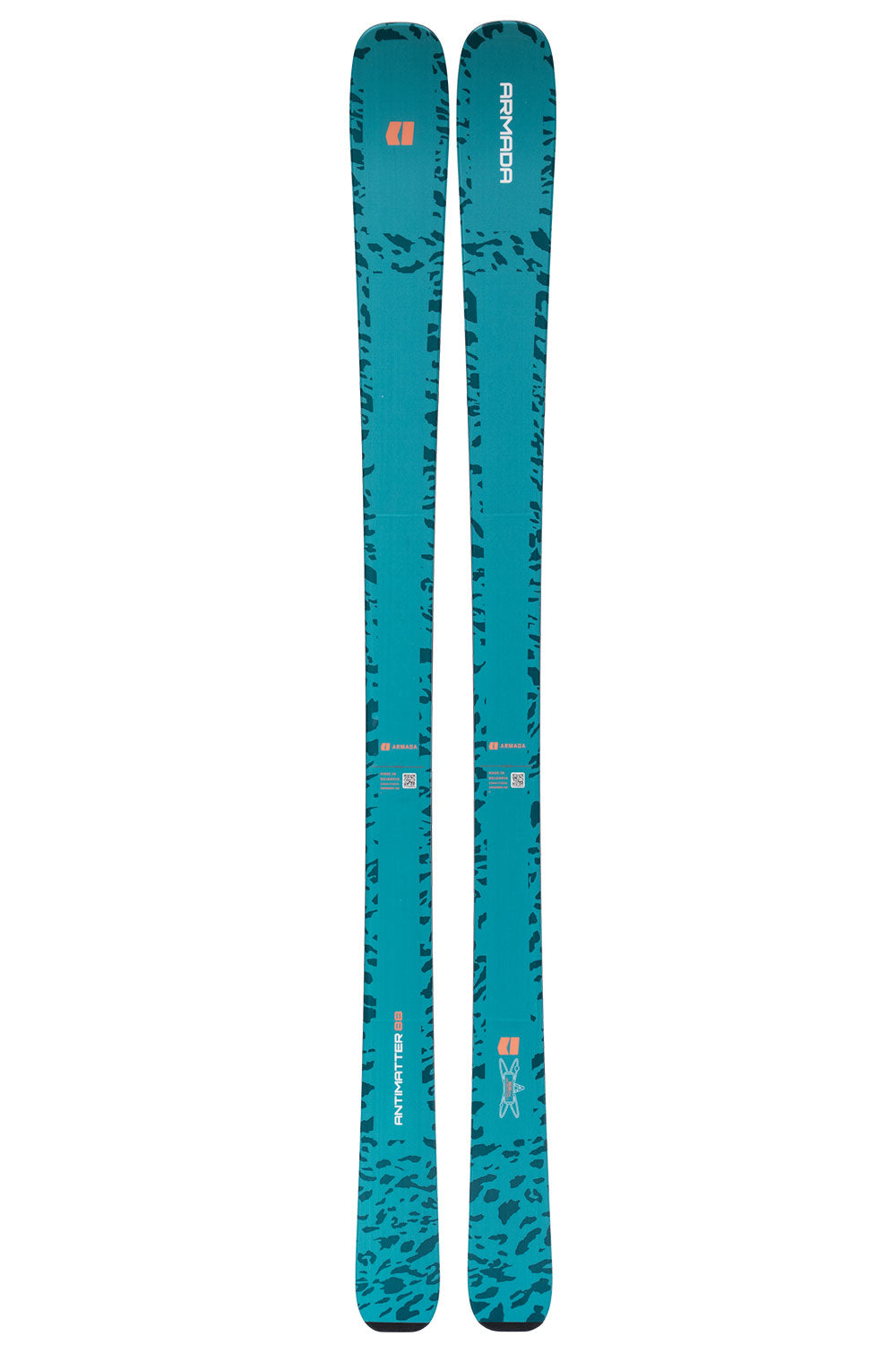 Pair of blue skis with a pattern on a white background