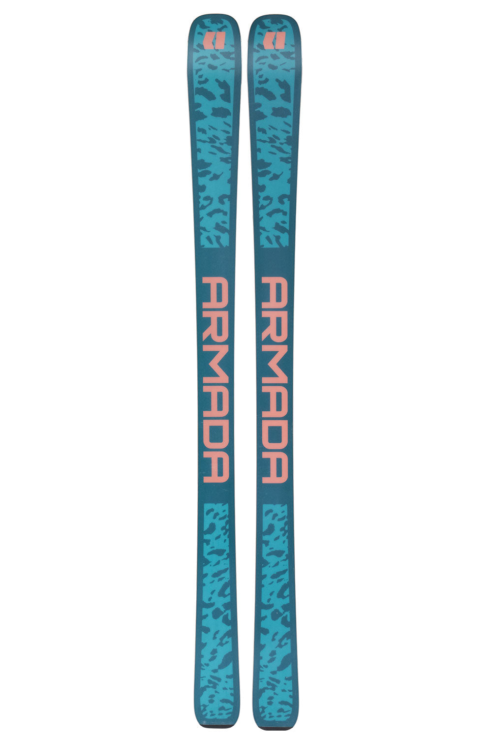 Pair of blue and pink Armada skis on a white background